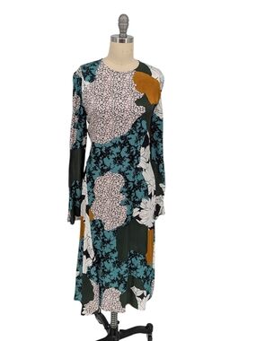 11534 By Marlene Birger Floral Mixed Print Satin Dress Brown Green size 34/XS